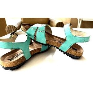 Mephisto Womens Sandal Sz 5 (35) Flat Mint Green Leather Cork Ankle Strap Shoe